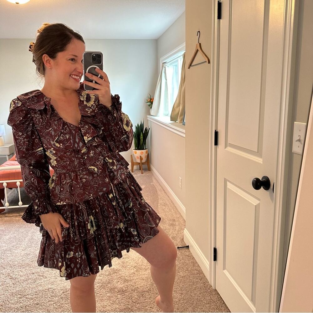 Ulla Johnson Maroon Blue Floral Long Sleeve Mini Dress 2 - Picture 4 of 12